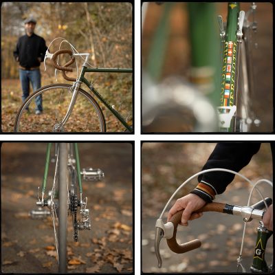 Vier Aufnahmen von einem Mann und seinem Fahrrad, verschiedene Detailansichten