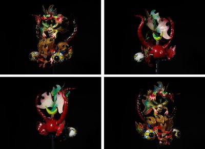 Vier Ansichten der fotografierten Diablada Maske